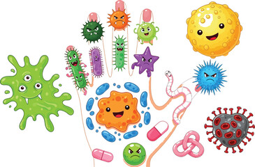 Cartoon Hand Covered with Bacteria, Germs, Viruses