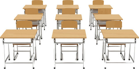 Classroom with Empty Desks and Chairs in Rows on a Plain Background