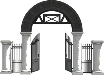 Ornate black gate with stone columns on a plain background, entrance design