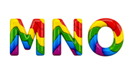 Three brightly colored inflatable letters, M, N, and O, are displayed against a clean white background, showcasing a vibrant rainbow pattern.