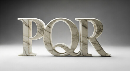 Three decorative letters P Q R are crafted from white marble with subtle veining, standing upright on a plain white surface.