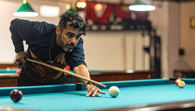 Focused pool shark executing advanced trick shots precision during professional exhibition match
