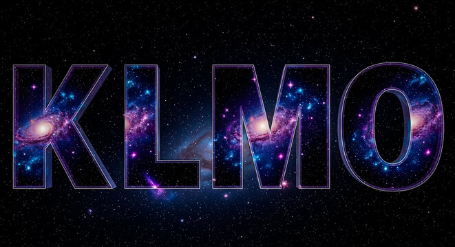 Bold, stylized letters spell out KLMO, filled with vibrant purple and blue nebulae, stars, and cosmic dust against a dark, starry background.