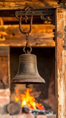 Obraz premium Rustic antique bell hanging over a fire