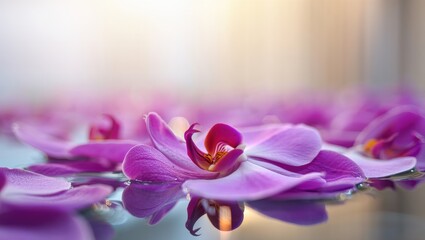Delicate purple orchids floating on water with soft reflections, tranquil spa concept