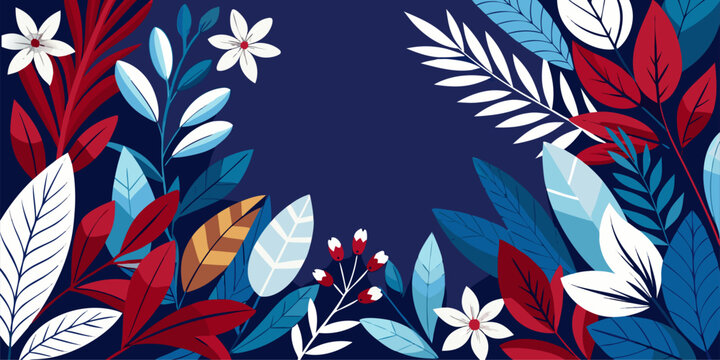 The contrasting use of cool blue and warm red gives this artwork a dynamic and modern feel. The vibrant tropical foliage is visually striking against the dark blue background.