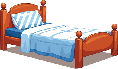Cartoon wooden bed with blue bedding and striped pillow on background