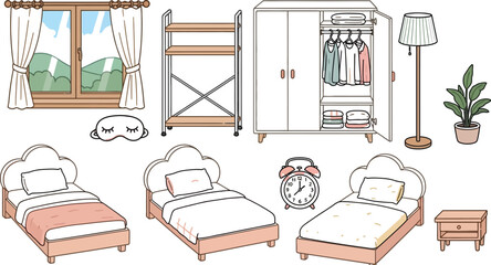Bedroom Interior with Beds, Wardrobe, Window