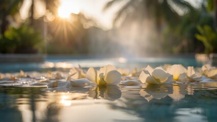 White frangipani petals floating on tranquil water during golden hour