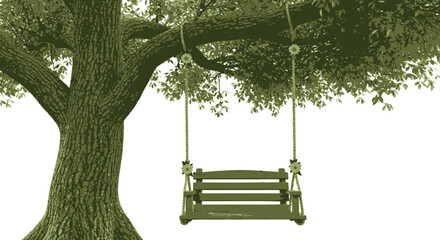 Wooden swing hanging from a large tree branch with yellow flowers