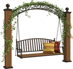 Elegant garden swing with pillows and ivy on a plain background