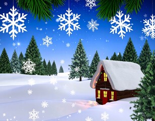 Winter cabin scene with snowflakes