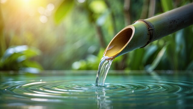 Fresh water pouring from bamboo spout into tranquil green pond