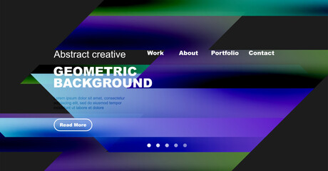Obraz premium Abstract website header design. Geometric shapes, vibrant colors, text overlay, navigation menu present. Modern aesthetic.