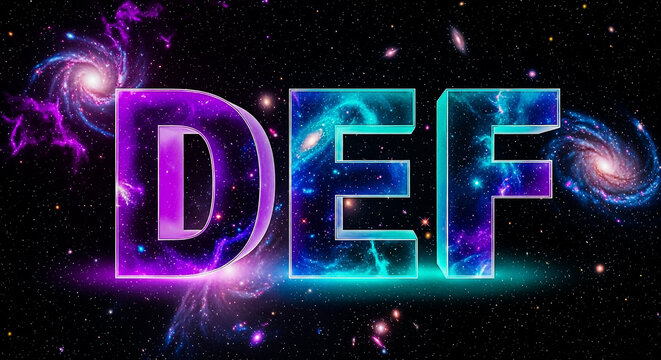 The letters DEF are rendered in a 3D style, filled with swirling purple and blue nebulae and glowing with celestial light against a dark, star-filled background.