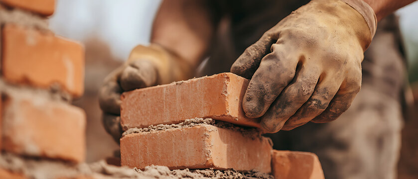 Construction worker laying bricks with gloved hands and mortar, creating a sturdy wall. A close-up shot capturing the precision and skill involved in building.