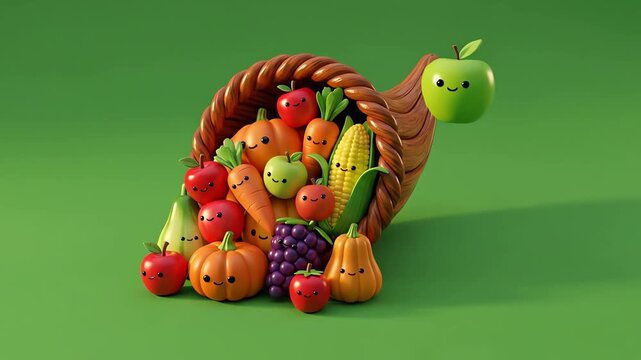 Cute cartoon cornucopia overflowing with happy fruits and vegetables on a green background