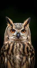 Fototapeta premium A close-up portrait of an owl, showcasing intricate plumage patterns and piercing orange eyes against a dark backdrop.