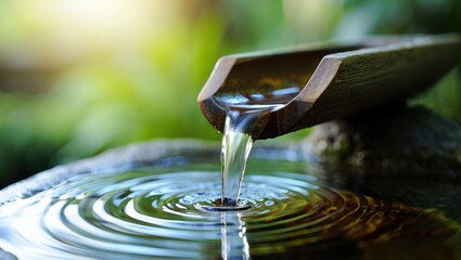 Fresh water flowing from bamboo spout into a tranquil garden basin with ripples