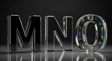 A close-up, studio-quality render showcases the letters M, N, and O. The 'M' and 'N' are metallic, while 'O' is transparent crystal.