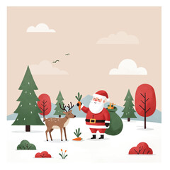 Naklejka premium Santa Claus feeding a deer carrots in a snowy forest
