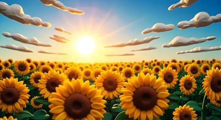 sunflowers in the field sun shining in a sunny day, clouds in the sky,  3d cartoon