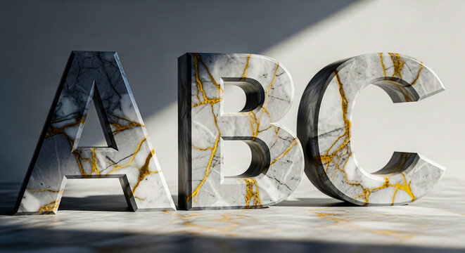 Three dimensional letters A B and C carved from natural marble are artfully arranged on a light textured surface with soft shadows. - Powered by Adobe