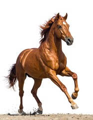 Obraz premium A chestnut horse in full gallop, showcasing its powerful physique and majestic movement against a pristine white background.
