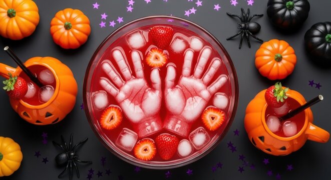 Spooky Halloween Party Punch with Floating Hands and Strawberries