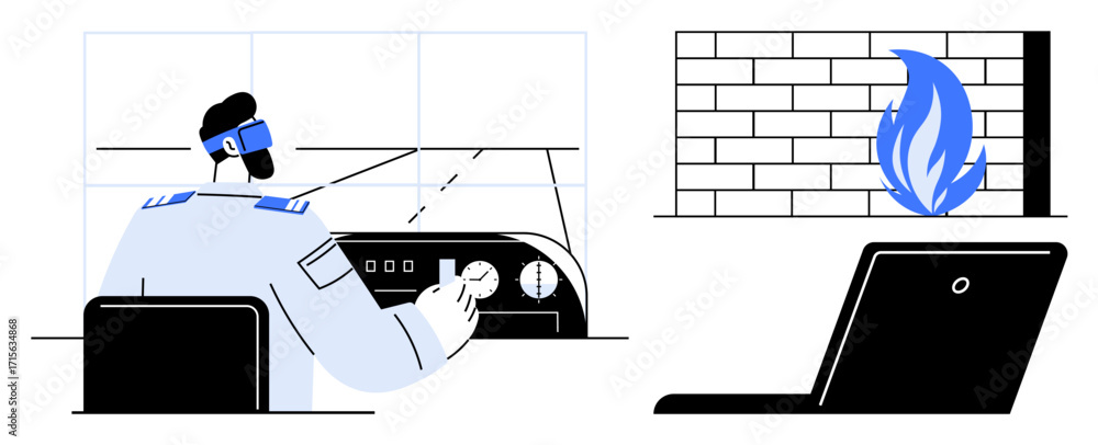 Aufkleber cybersecurity professional analyzing system controls, wall symbol with firewall flame. ideal for cyb
