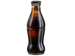 Vintage Soda Bottle: A classic soda bottle, filled with a dark, fizzy beverage, stands in crisp focus. Capturing the timeless appeal of refreshment.
