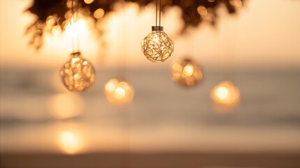 palette. Sunset beach with glowing spherical lights, creating a dreamy atmosphere through abstract bokeh effects. inspiring travel planning.