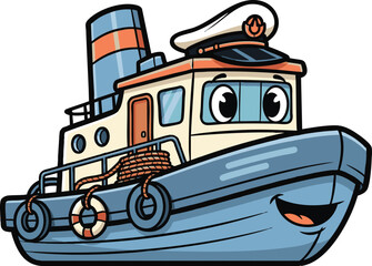 Naklejka premium Cartoon tugboat with smiling face floats on calm water, creating a playful and cheerful scene. featuring stunning details and textures.