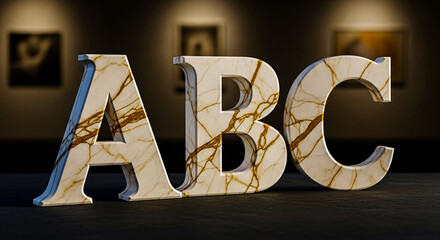 Three dimensional letters A B C crafted from luxurious marble with intricate veining, presented in a sophisticated gallery environment.