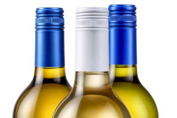 Elegant Trio of Wine Bottles: Three exquisite wine bottles, each bearing a vibrant, fresh wine, are meticulously arranged.