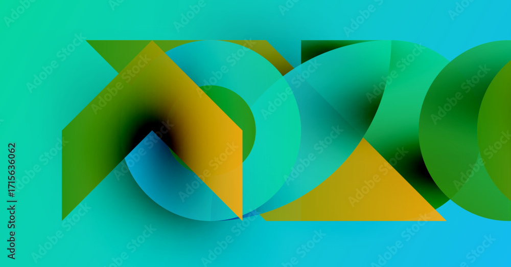 Poster abstract geometric shapes overlap, creating vibrant color gradients. turquoise background enhances v