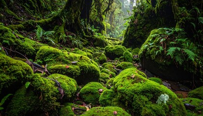 Lush, vibrant green moss covers smooth rocks in a misty, serene rainforest scene, showcasing a tranquil and peaceful natural environment.