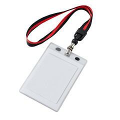 Blank white ID badge with red and black lanyard