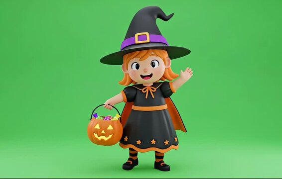 Cute cartoon witch girl with candy bucket waving hello on green background - Powered by Adobe