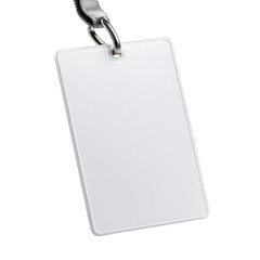 Blank white rectangular identification tag attached to a gray lanyard