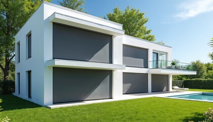 Modern white house with external roller blinds on windows for sun protection. Dark anthracite roller shades installed on facades. Building features clean lines, minimalist style, glass balcony