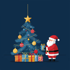 Fototapeta premium Santa Claus decorates a blue Christmas tree surrounded by gifts