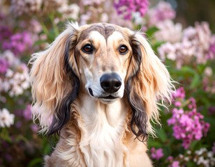 Portrait of a dog with flowing fur in a garden