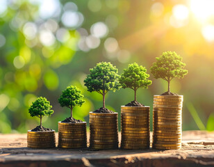 Growing trees stacked coins symbolize circular economy principles promoting sustainable financial growth and environmental care