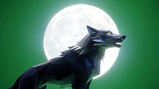 Low poly wolf howling at the full moon on a green background