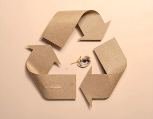 Circular arrow symbol made from brown paper with eye painted on dried leaf in center representing circular economy principles