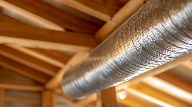 Exposed HVAC ducting under wooden frame. An efficient, flexible, cost-effective, and low-maintenance climate control solution for modern buildings.