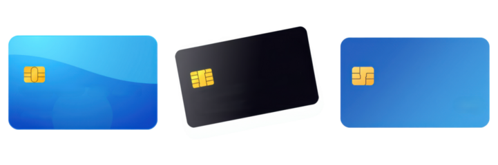 Group of three stylish credit or debit cards with chip on transparent background