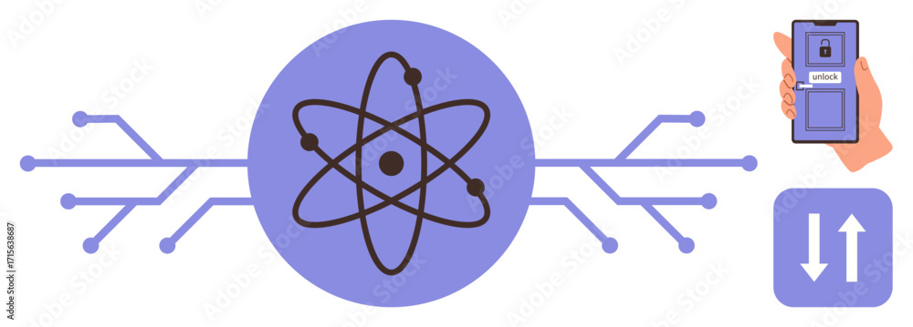 Poster atom icon linked with circuit branches, person holding smartphone, and data transfer arrows. ideal f