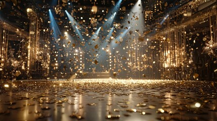 Obraz premium Golden confetti rain on festive stage with spotlight concept. A vibrant celebration scene with sparkling confetti and stage lights.